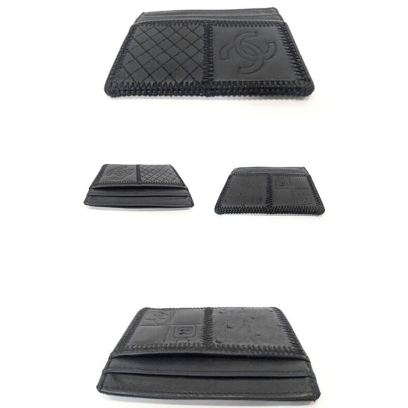 Auth Black CHANEL Card Case CC Mark Quilting Patchwork Black Leather - Picture 5 of 9